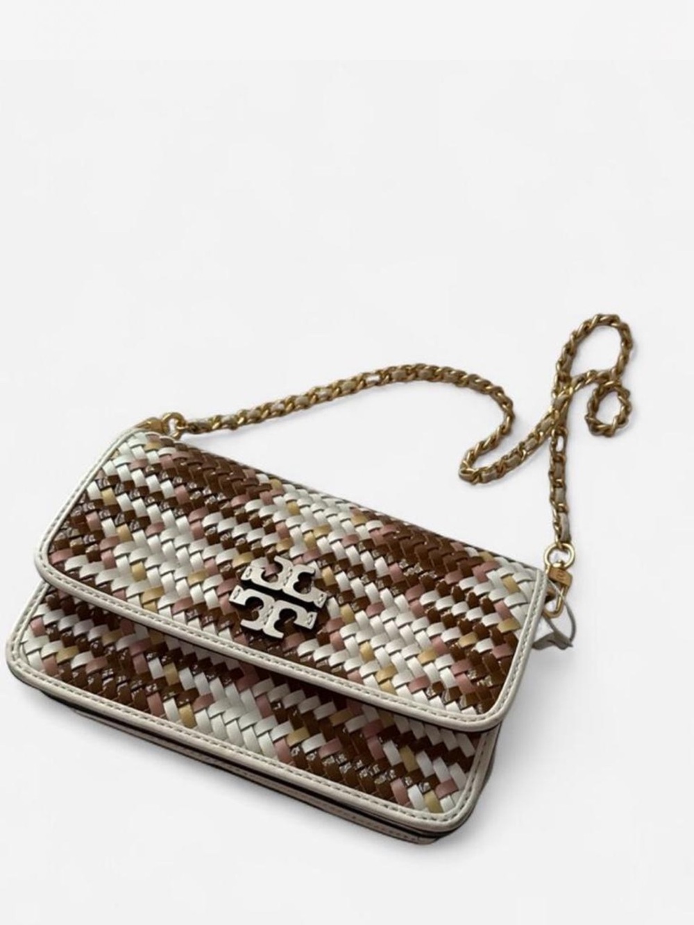 Tory Burch Braided Multi-Color Leather Crossbody with Gold Chain